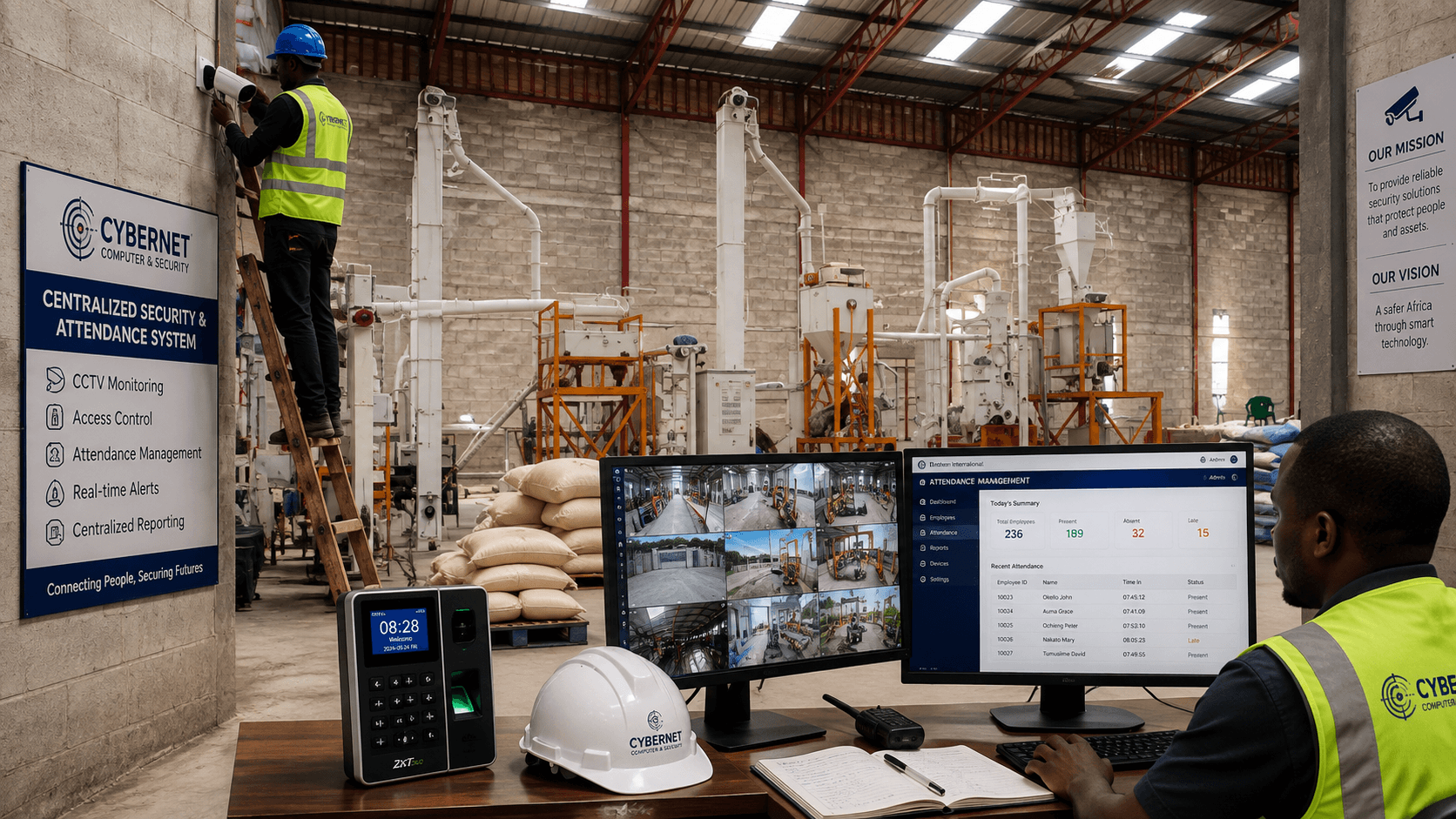 Industrial facility control station with biometric attendance terminal, multi-camera CCTV monitoring, and building management telemetry deployed for Eco & Partner