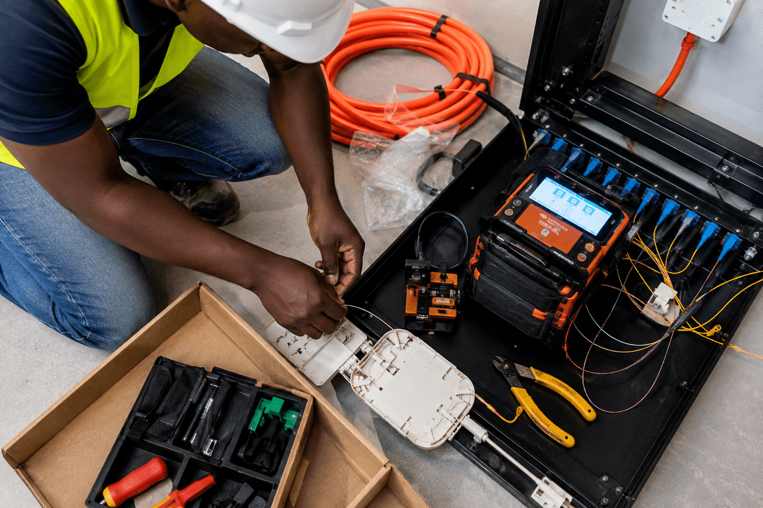 Cybernet network technician in safety helmet splicing optical fiber cables using precision fusion splicing tools for Ministry of Works and Transport in Luwero