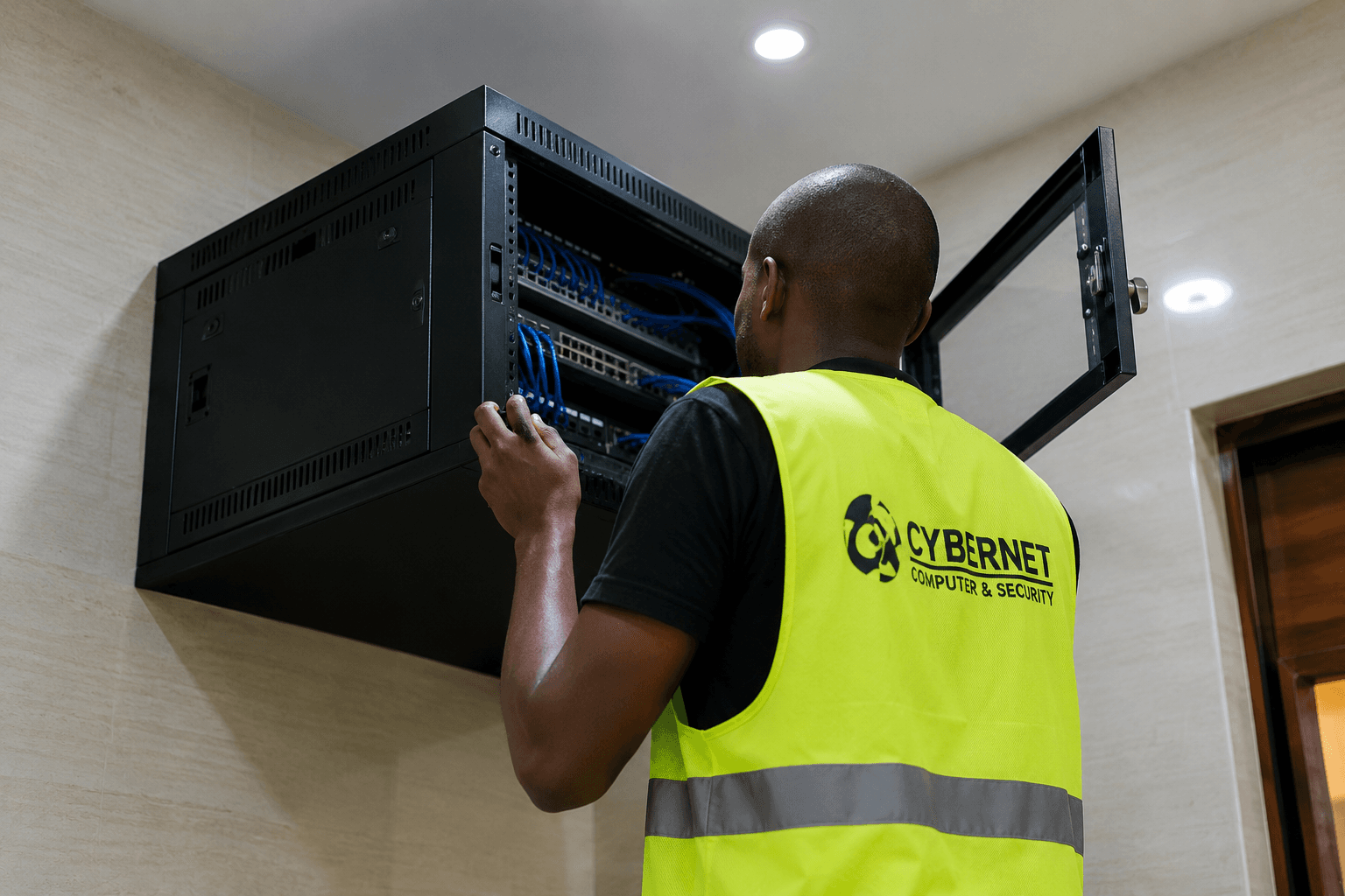 Cybernet engineer in branded high-vis vest terminating Cat6A structured cabling inside an enterprise switch enclosure for NWSC